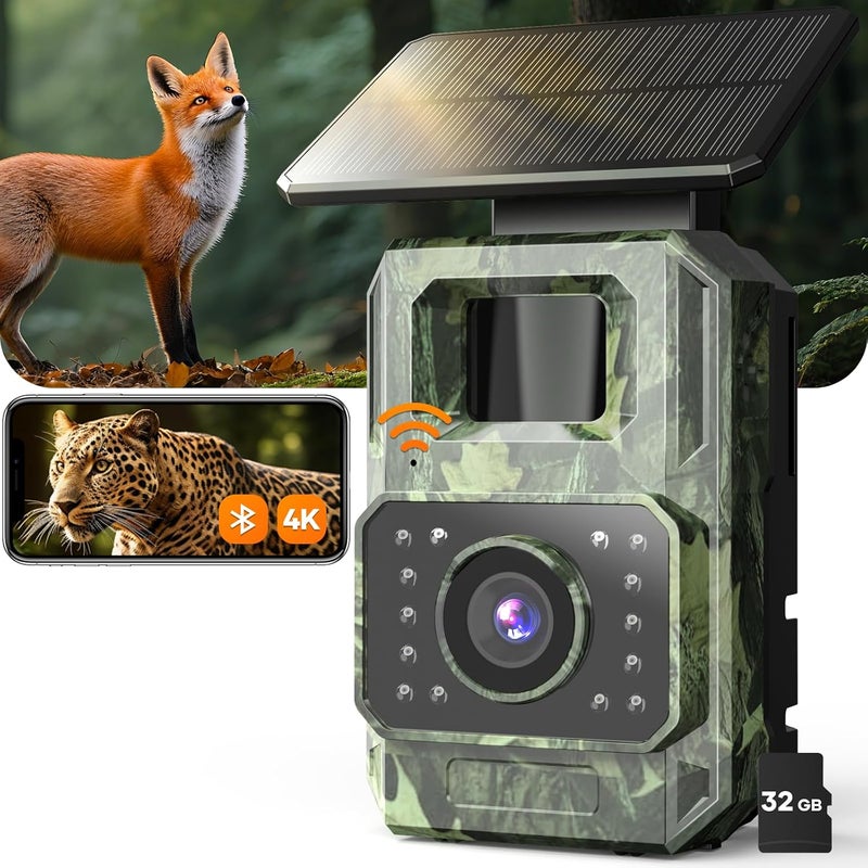 Assark Trail Camera 64MP 4K with Fixed Solar Panel, 6000mAh Game Camera with Night Vision Motion Activated Waterproof IP66 for Wildlife Deer Critter, Outdoor WiFi Trail Cam, 32GB SD Card Included - Image 1
